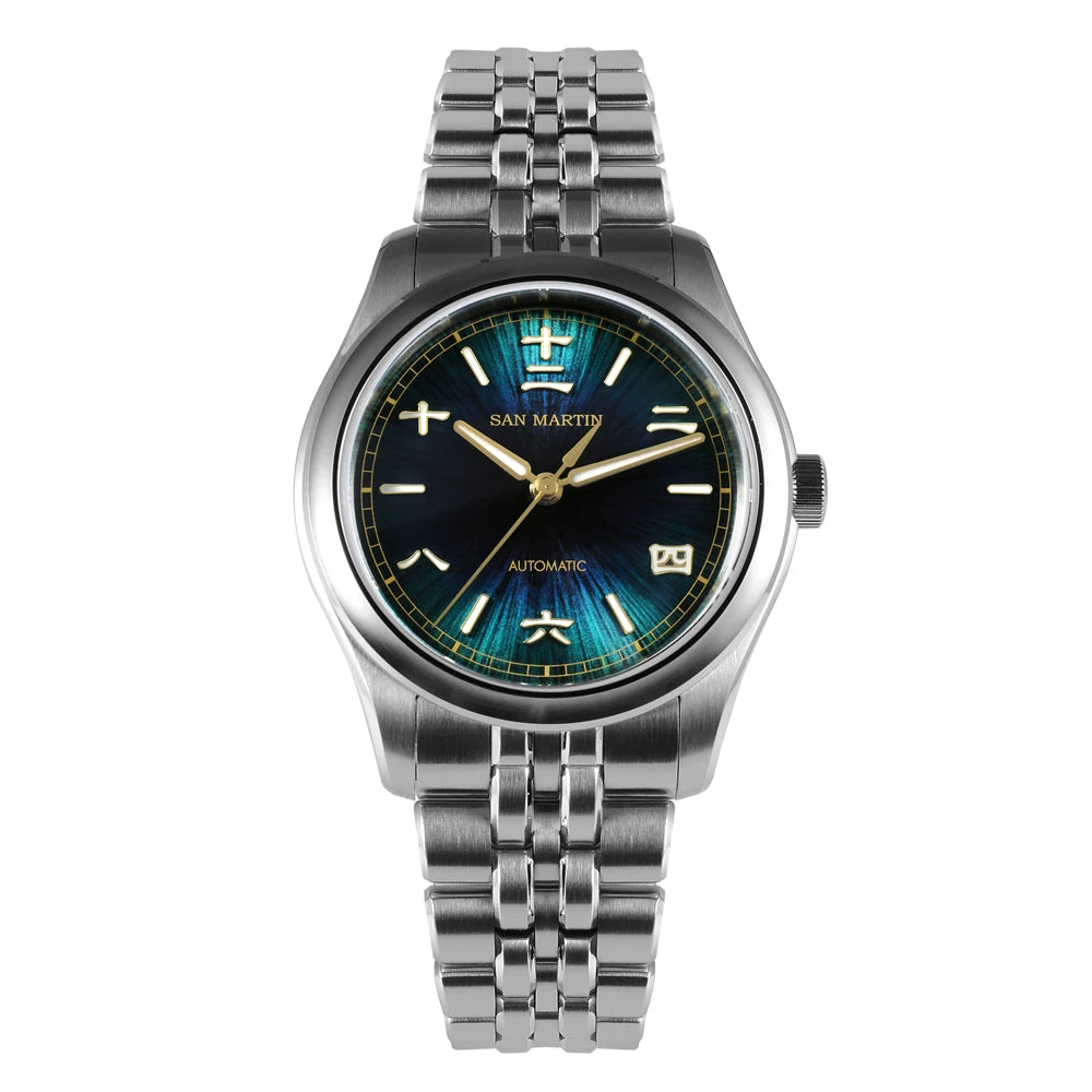 Silver watch with a blue face on a white background