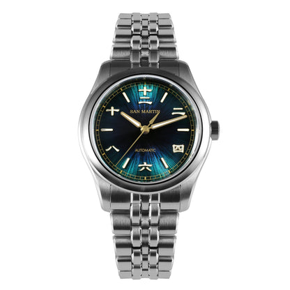 Silver watch with a blue face on a white background