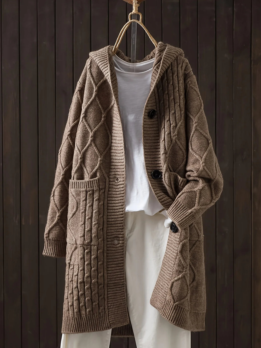 Plus-Size Hooded Knit Cardigan Coat, Mid-Length Warm Layer | Vexaroa