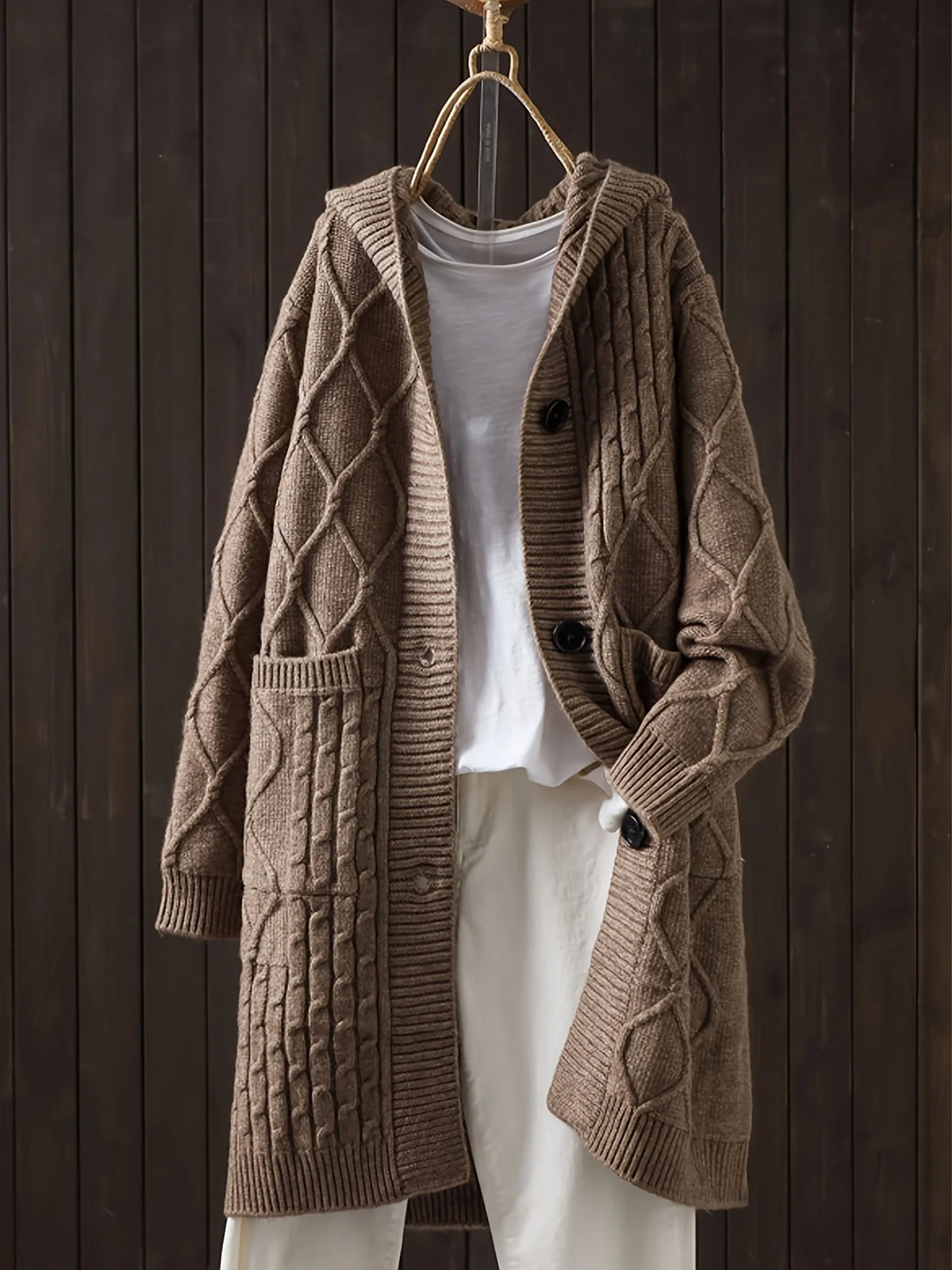 Plus-Size Women's Thick Textured Mid-Length Hooded Knit Cardigan  Autumn & Winter New Loose Outer Coat with Single-Row But