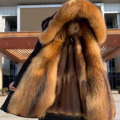 Men Faux Fur Hooded Parka Coat Padded Jacket Winter Outwear Lining Non-detachable Machine-wash Available