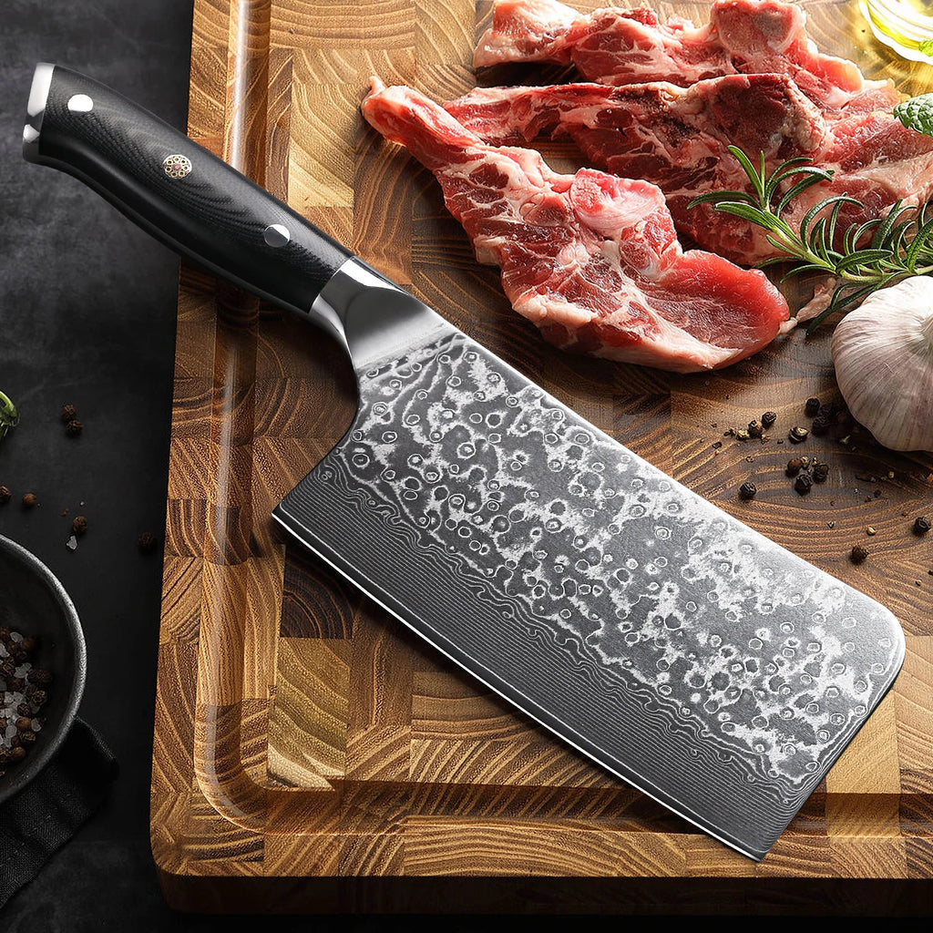 TURWHO 7" Bone Chopper Knife 67 Layers Japanese SKD11 Damascus Steel Sharp Kitchen Cleaver Boning Cutting Meat Knife G10 Handle