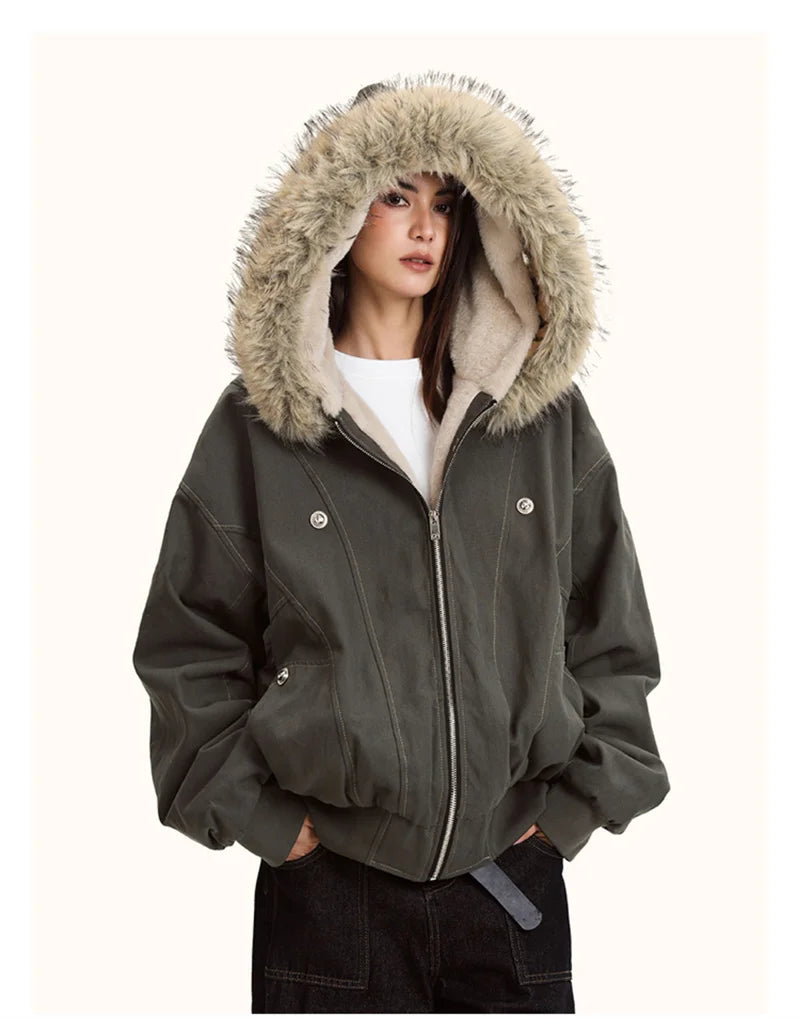 Vexaroa Fur Collar Hooded Parka Padded Winter Coat