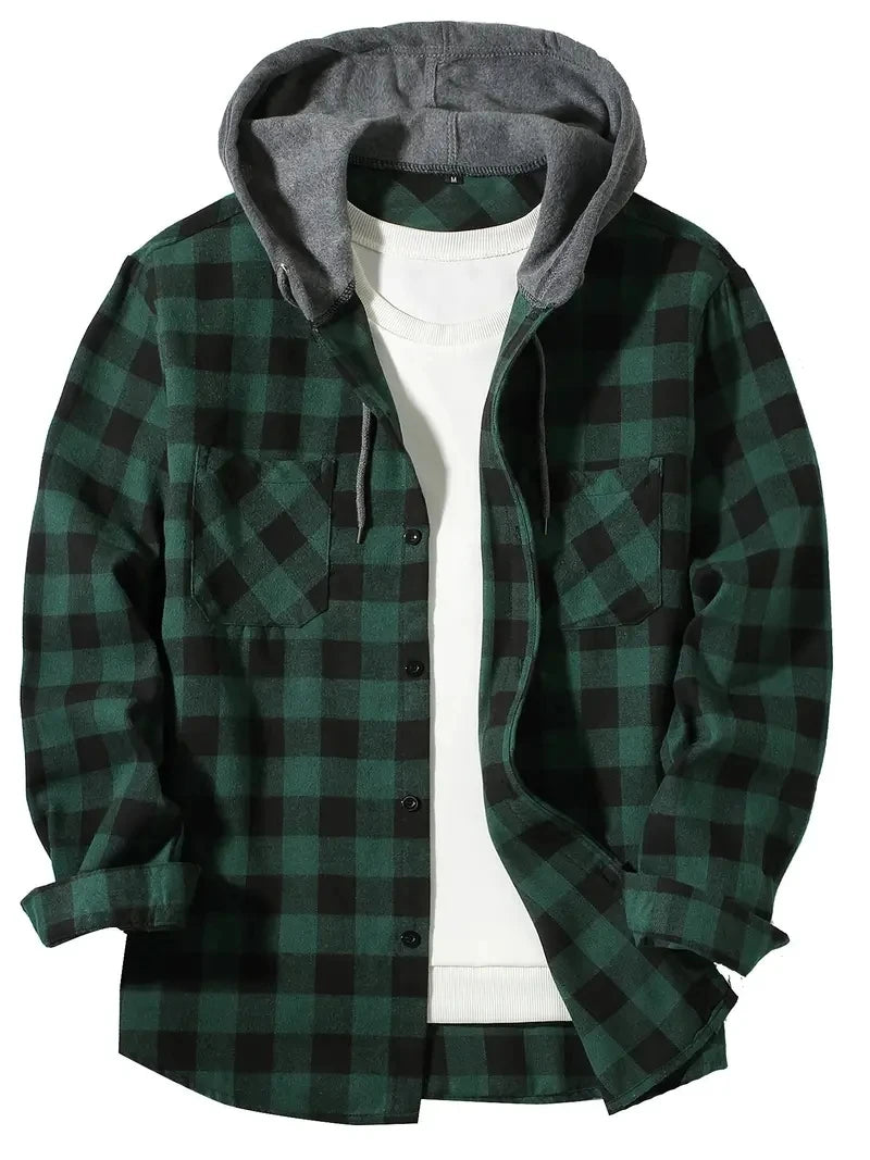 Vexaroa Men's Slim Hooded Plaid Shirt Jacket Casual Sport