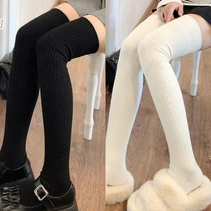 Women's Knee High Socks Paired with Boots Black White Pure Cotton Autumn and Winter Wool Long Socks Winter Warm Pile High Sock
