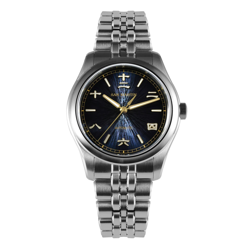 Silver watch with black face on a white background