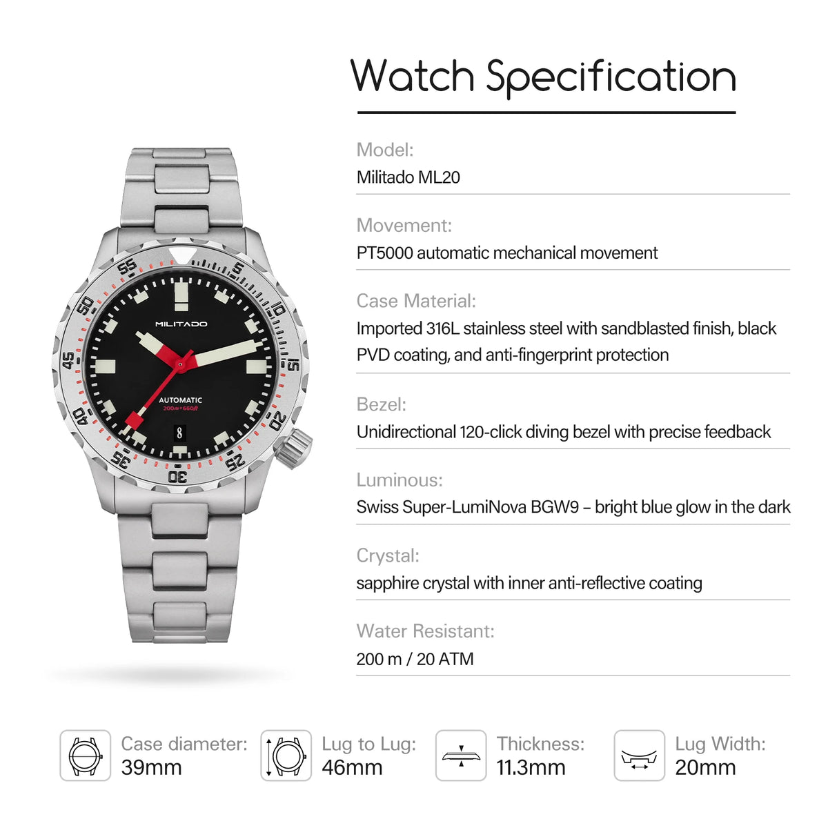 Automatic Diver Watch 39mm PT5000 Mechanical Sapphire 200m Waterproof PVD BGW9 Lume Steel Bracelet Mens Watchs