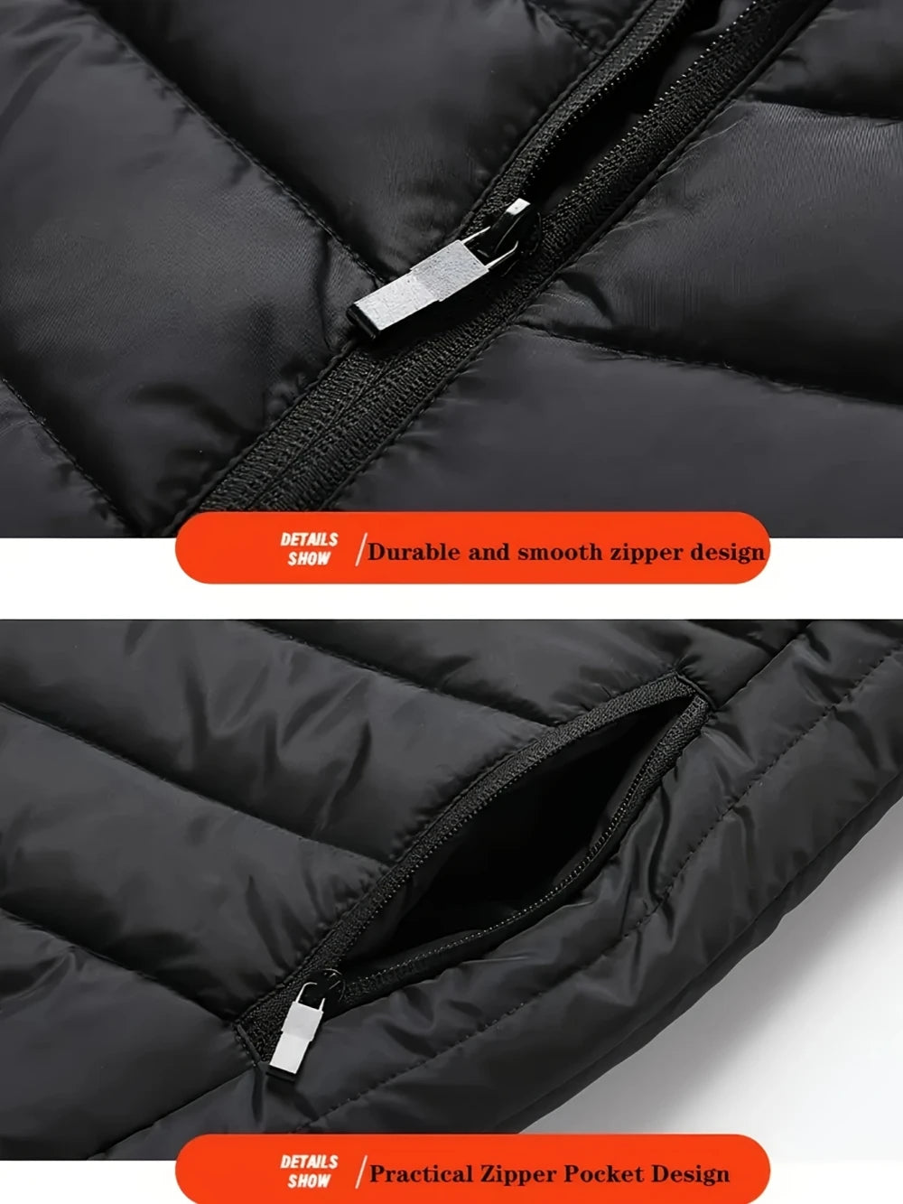 Close-up of a black puffer jacket with a zipper, highlighting durability and design features.