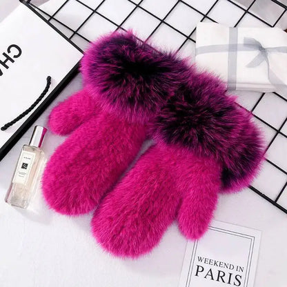 Women's Real Mink Fur Gloves Fox Fur Cuffs Winter | Vexaro