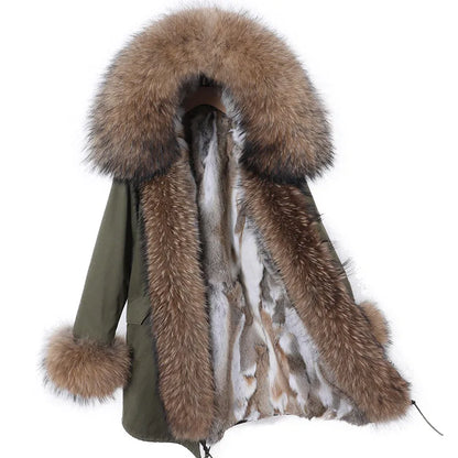 Real Raccoon Fox Fur Collar Parka Women's Coat | Vexaroa