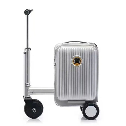 Silver suitcase with a handle and wheels on a white background