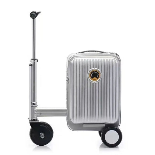 Silver suitcase with a handle and wheels on a white background