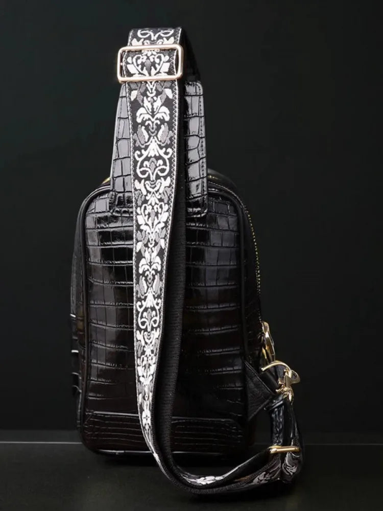 Men's Croc Leather Travel Chest Bag Floral Strap | Vexaroa