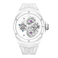 White mechanical watch with visible gears on a white background