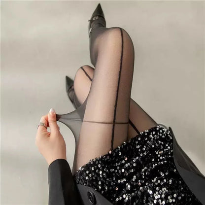 Women Black Line Pattern Stockings Slim Ultra-thin Anti Hook Pantyhose Skinny Looking Sexy Sunscreen Transparent Female Tights