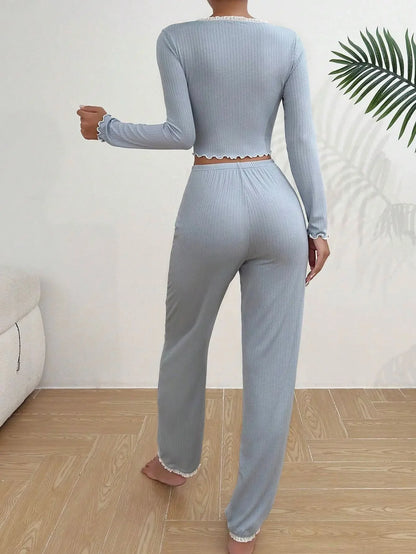 Vexaroa Women's Lace Pajama Set – Long Sleeve Shirt & Trousers