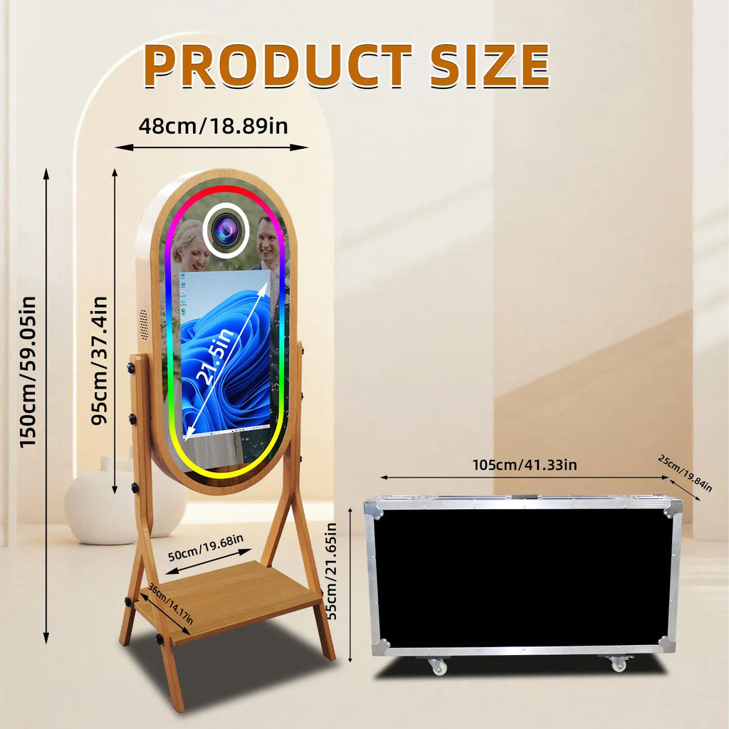 Magic Mirror Photobooth with Imitate Wood Grain Selfie, 21.5 Inch Touch Screen, Selfie DSLR Photo Booth Machine for Sharing