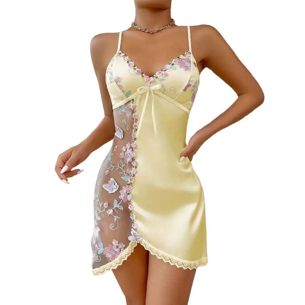 Vexaroa Lace Bow Ice Silk Suspender Nightdress Split Sleepwear