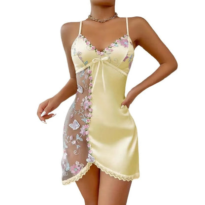 Thin Lace Bow Women's Pajama Dress Embroidered Mesh Transparent Ice Silk Suspender Nightdress Split Sleepwear