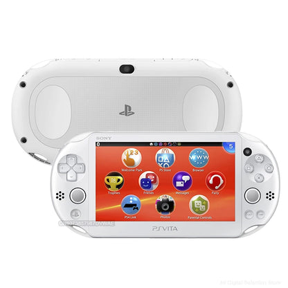 PlayStation Vita handheld gaming console with screen displaying icons on a white background