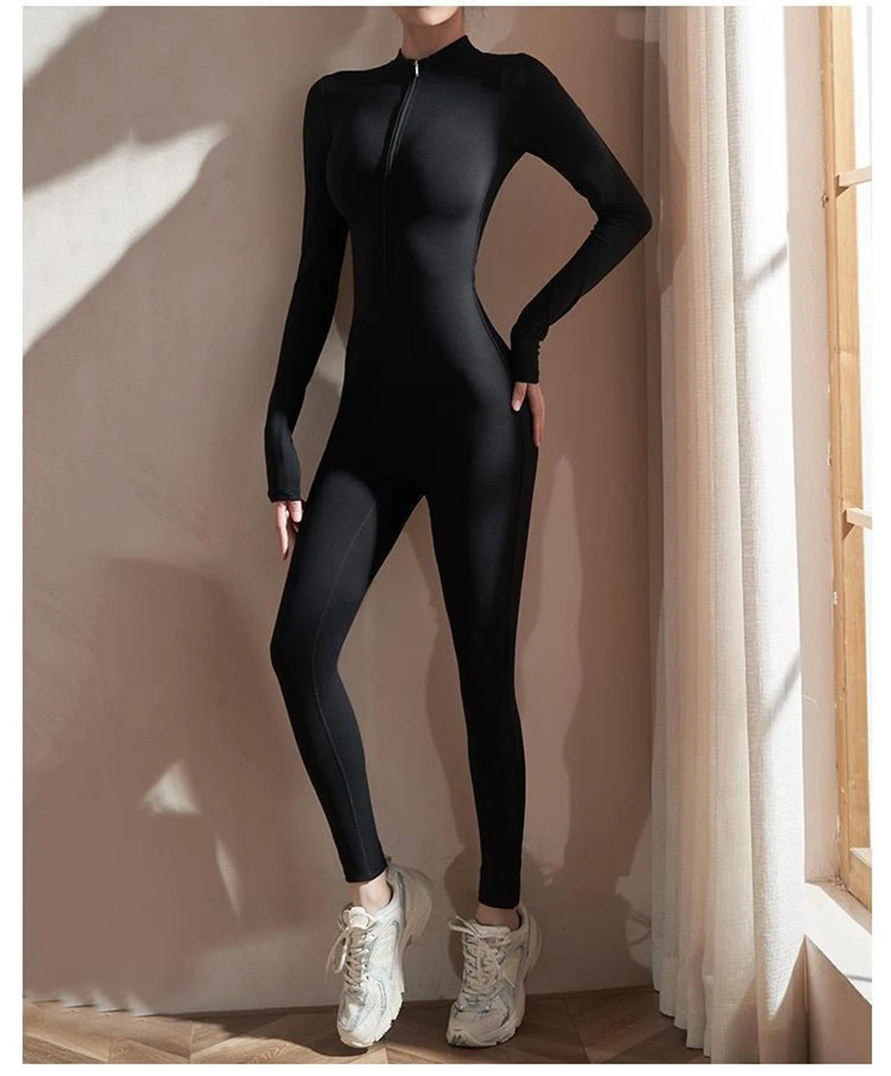 Vexaroa Women's Slim Fit Yoga Romper Long Sleeve Zipper Black