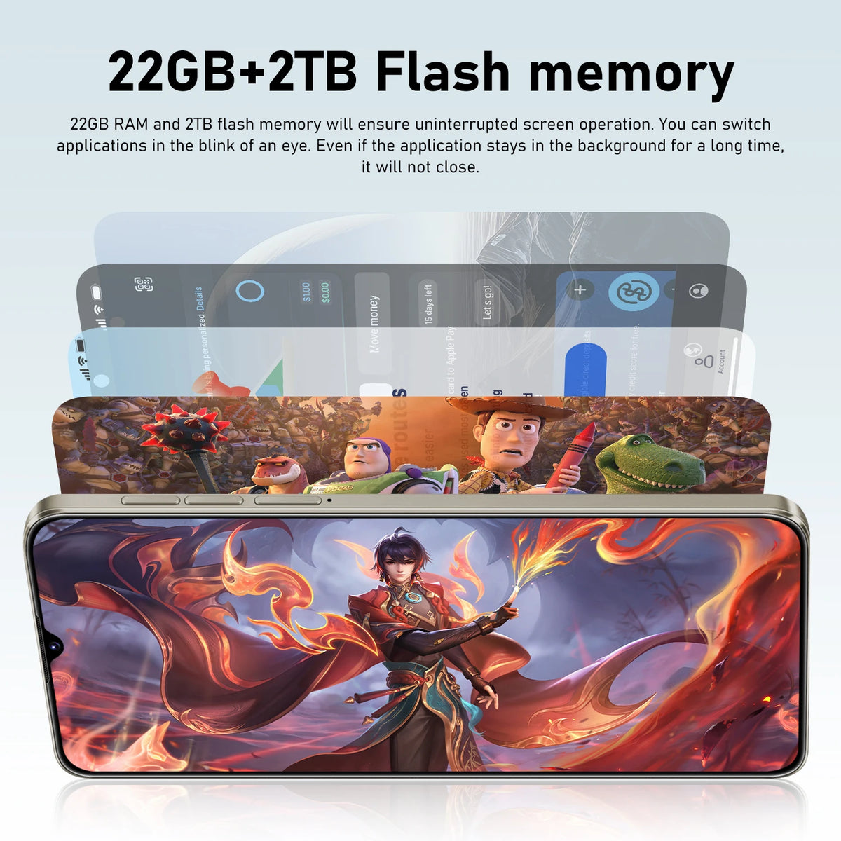 Promotional graphic for a smartphone with large text reading '22GB+2TB Flash memory' and a stack of translucent screen overlays showing the display content. The phone front is visible with a colorful fantasy-style wallpaper featuring fiery red, orange, and blue tones.