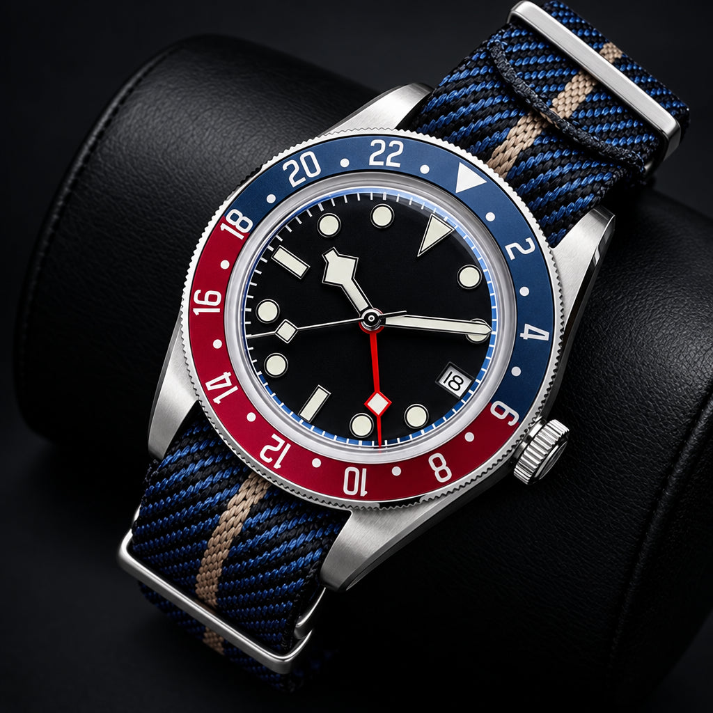 Watch with blue and red bezel and multicolored strap on a brown leather surface, featuring ADDIESDIVE branding.
