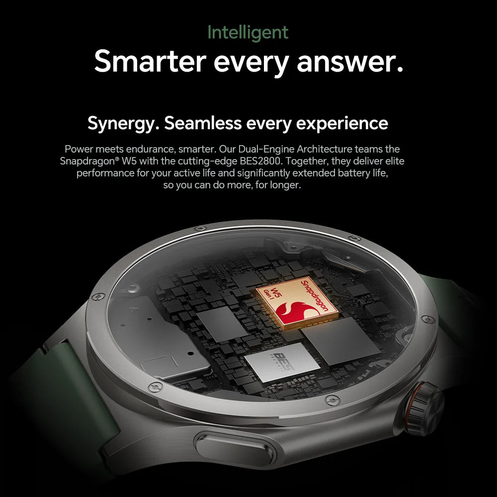 Smartwatch with visible Snapdragon chip on a dark background