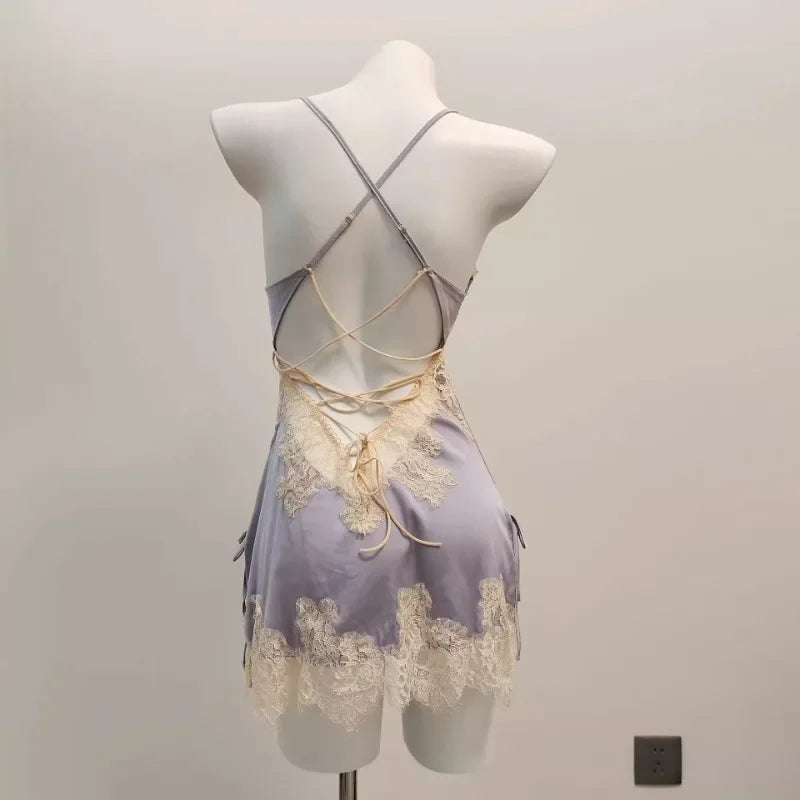 Vexaroa Ice Silk Lace Nightgown – Backless Suspender Pajamas