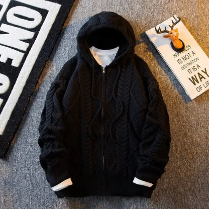 Vexaroa Men's Vintage Knitted Hooded Cardigan – Zip Coat