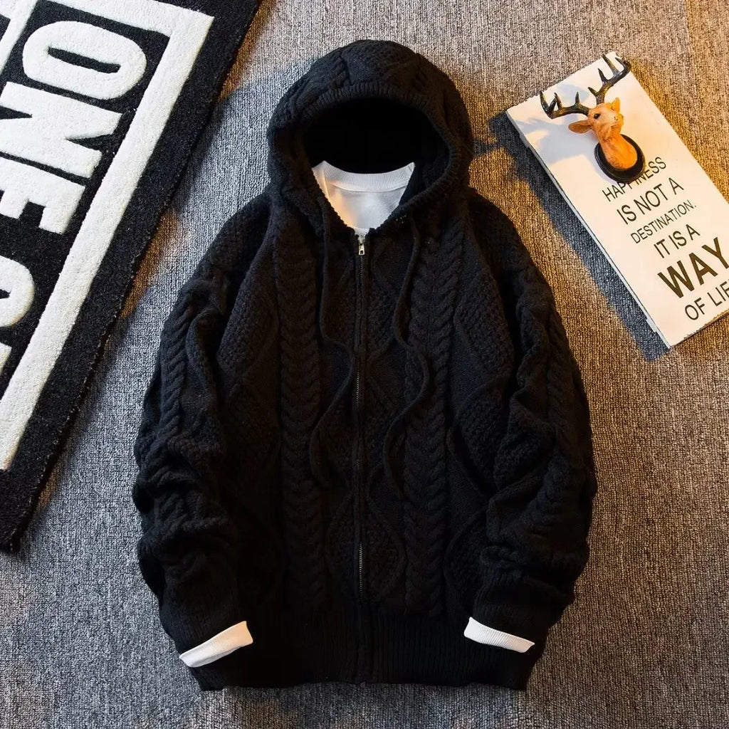 Vexaroa Men's Vintage Knitted Hooded Cardigan – Zip Coat