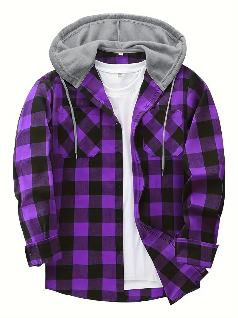Vexaroa Men's Plaid Flannel Hooded Shirt – Casual Streetwear Top