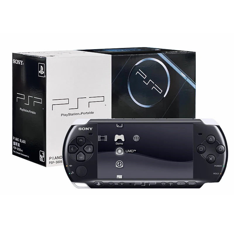 Sony PlayStation Portable (PSP) console with packaging on a white background