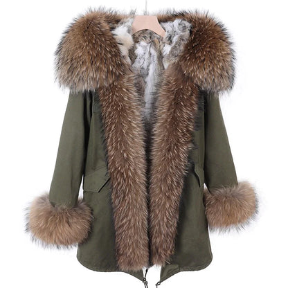 Real Raccoon Fox Fur Collar Parka Women's Coat | Vexaroa