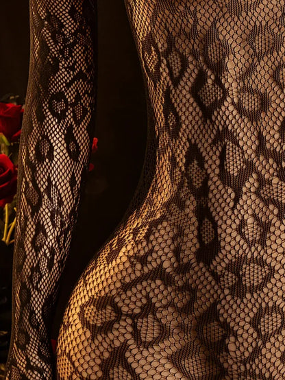 Elegant Leopard Print Sheer Bodysuit - High Nylon Lingerie for, Long Sleeve, High Elasticity Full-Body Fishnet Design