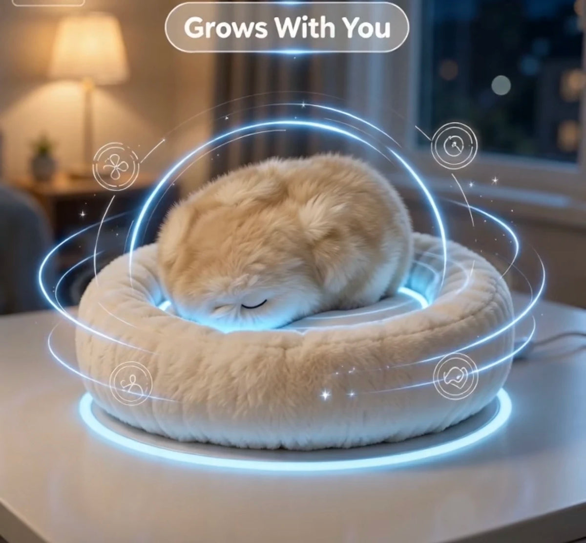 A fluffy cream-colored cat sleeping comfortably inside a round, plush pet bed with glowing blue LED light rings. The scene is set in a cozy, softly lit living room at night, with a text overlay at the top reading 'Grows With You'.