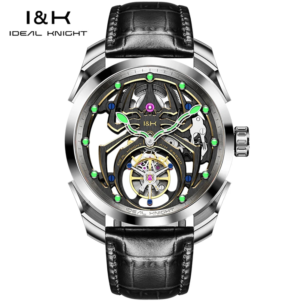 IDEAL KNIGHT Real Tourbillon Men's Watches High-Grade Fully Hollowed Spider Pattern Cool Dial Top Luxury Mechanical Watches 6802