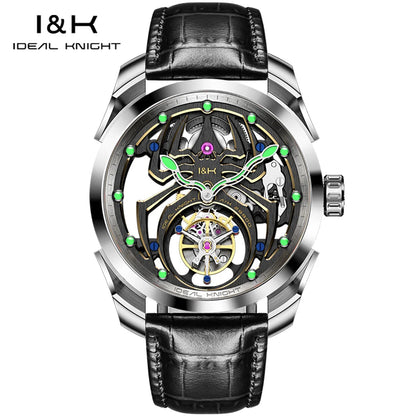 IDEAL KNIGHT Real Tourbillon Men's Watches High-Grade Fully Hollowed Spider Pattern Cool Dial Top Luxury Mechanical Watches 6802
