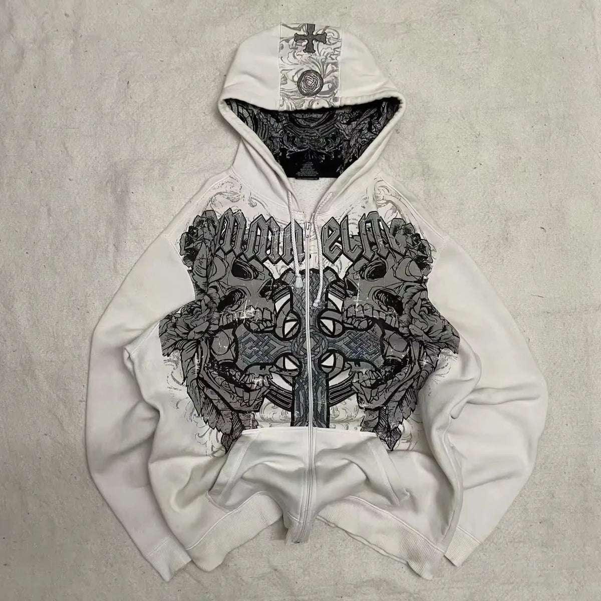 Vintage Popular Dark Rock Hip Hop Print Sports Sweater Women Y2K Streetwear Casual Joker Plus Velvet Padded Fur Collar Hoodies