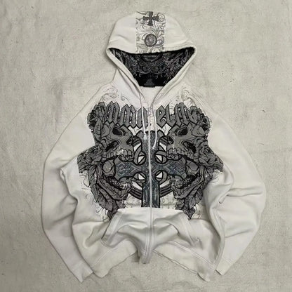 Vintage Popular Dark Rock Hip Hop Print Sports Sweater Women Y2K Streetwear Casual Joker Plus Velvet Padded Fur Collar Hoodies