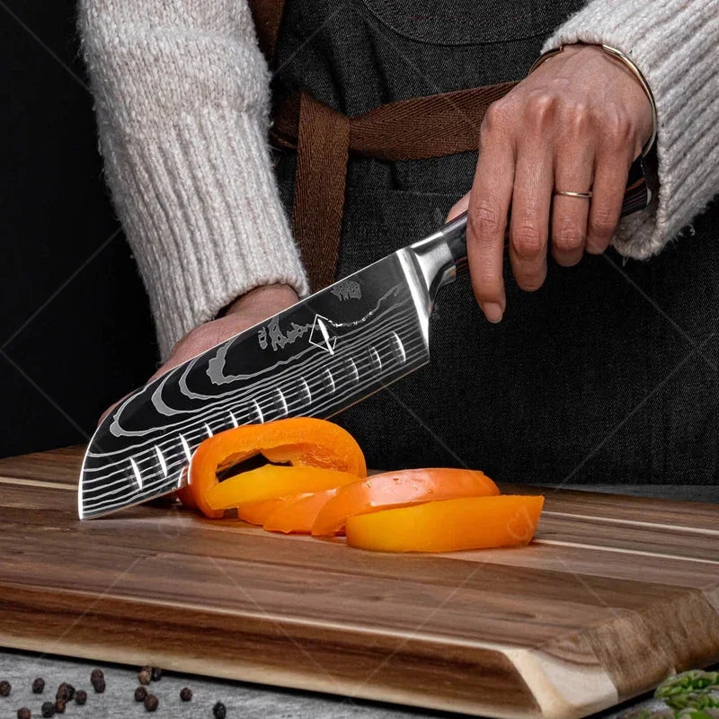 Damascus Chef's Knife Kitchen Knives Set Professional Boning Knife Meat Cleaver Utility Knife Japanese Santoku Knife with Cover