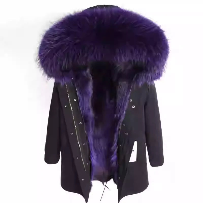 Vexaroa Women's Real Natural Fur Coat Long Hooded Parka with Fur Liner Winter Jacket