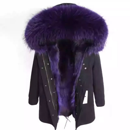 Vexaroa Women's Real Natural Fur Coat Long Hooded Parka with Fur Liner Winter Jacket