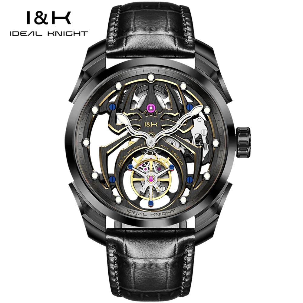 IDEAL KNIGHT Real Tourbillon Men's Watches High-Grade Fully Hollowed Spider Pattern Cool Dial Top Luxury Mechanical Watches 6802