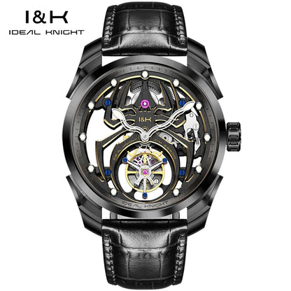 IDEAL KNIGHT Real Tourbillon Men's Watches High-Grade Fully Hollowed Spider Pattern Cool Dial Top Luxury Mechanical Watches 6802