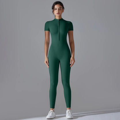 Naked zipper short sleeved yoga suit jumpsuit, quick drying breathable outdoor sports tight fitting jumpsuit, fitness suit
