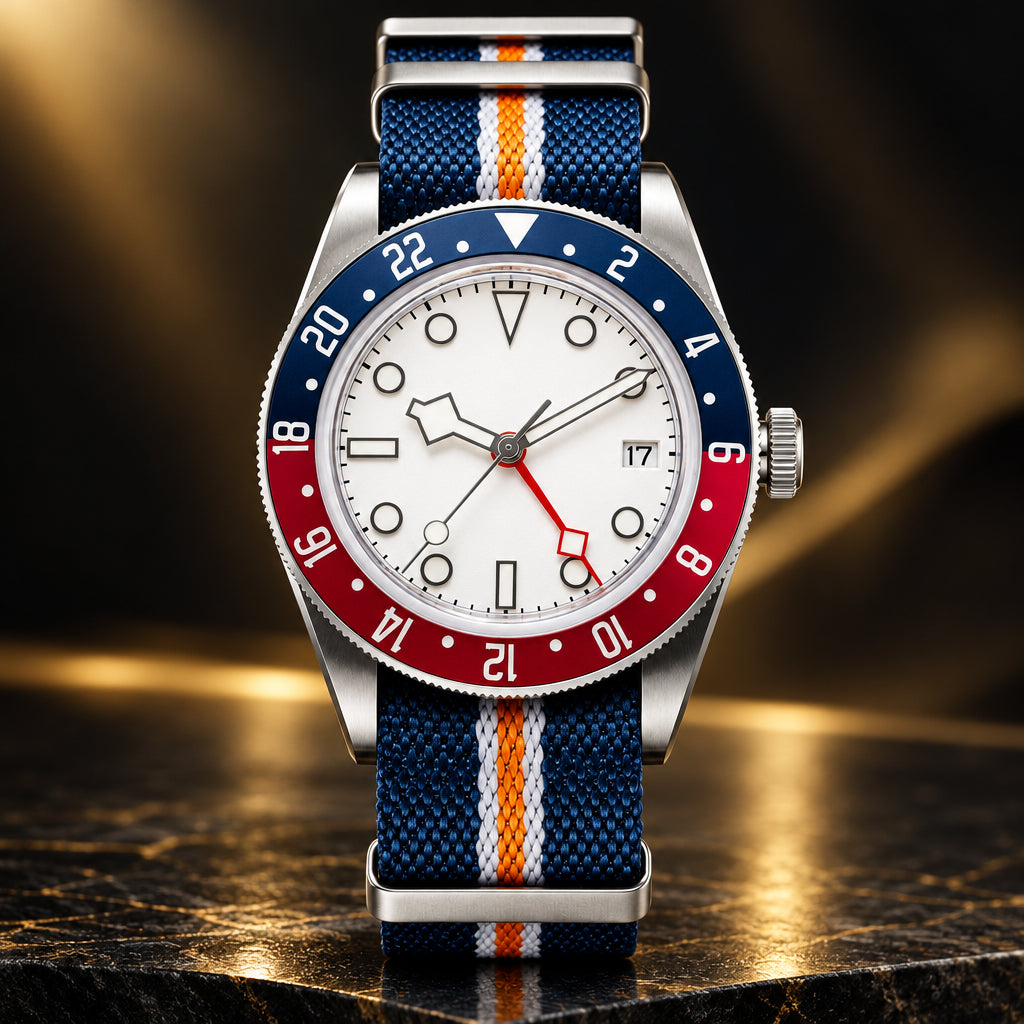 Watch with blue and orange strap on a beach background, featuring ADDIESDIVE branding.
