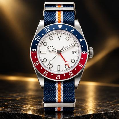 Watch with blue and orange strap on a beach background, featuring ADDIESDIVE branding.