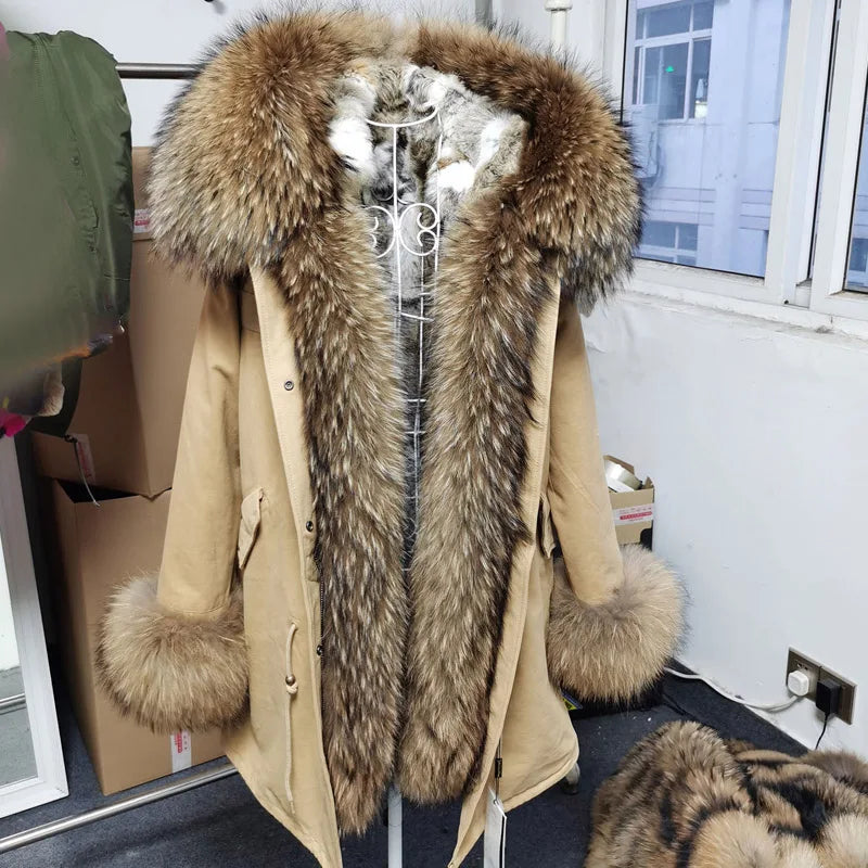 Real Raccoon Fox Fur Collar Parka Women's Coat | Vexaroa