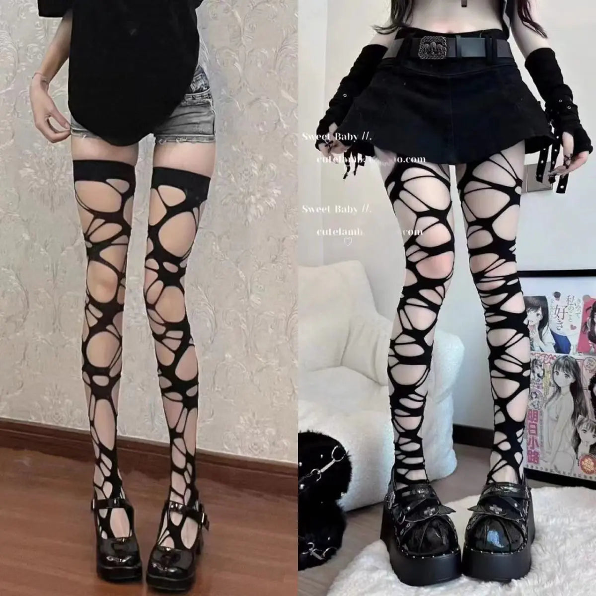 A side-by-side comparison of a model wearing black cut-through thigh-high stockings with platform shoes. The left side shows a full-body view in a room with patterned wallpaper, and the right side shows a close-up of the stockings paired with a black skirt and platform boots.